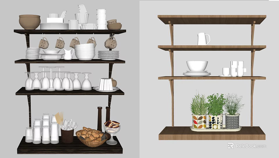 Multi Tiered Storage Shelving Unit with Dishes Cups Bottles and Potted Plants 3d model